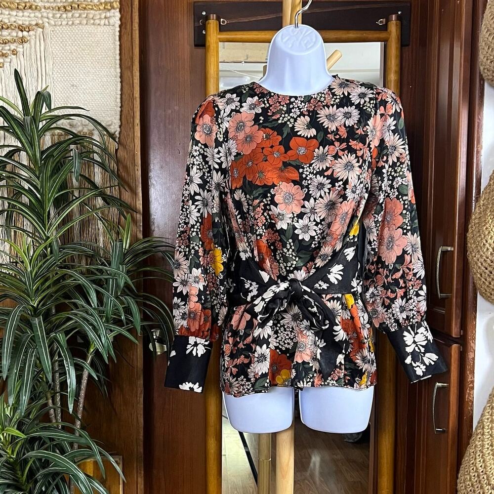 Zara Floral Satin Tie Front Blouse XS 70s Retro Boho Indie Romantic Multicolor